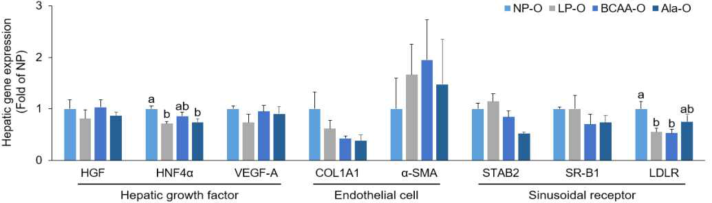 Relative mRNA levels of hepatic growth factor and sinusoidal markers in liver of PND21 male offspring of PND21 male offspring from dams fed NP, LP, BCAA, and Ala diets