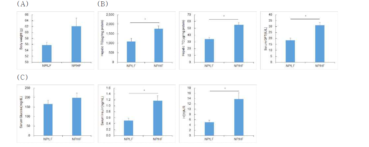 Effects of high fat feeding on (A) body weight, (B) hepatic lipid and (C) serum parameters in offspring of dam fed a Normal Protein (NP) diet