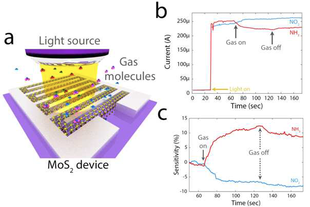 MoS2 bifunctional 센싱, a. MoS2 소자, b. 실시간 광소스 및 가스 반응 특성, c. 빛조사 상태에서의 실시간 가스 반응. ACS Appl. Mater. & Inter. 7, 2952