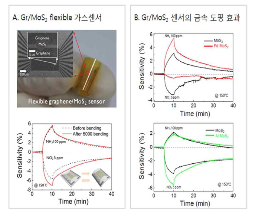 Gr/MoS2기반의 유연가스센서 및 금속 도핑 효과. ACS Appl. Mater. Interfaces 7, 16775 (2015); Sensors 15, 24903