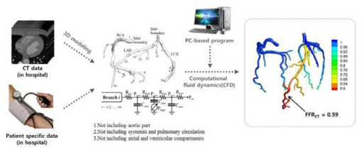 계산생리학적 방법을 활용한 관상동맥 혈류역학 예측 기술의 개요도