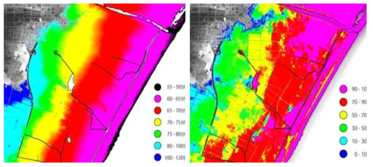 해일 도달 시간 추정(좌) 및 가옥 붕괴 확률 추청(우) 시뮬레이션