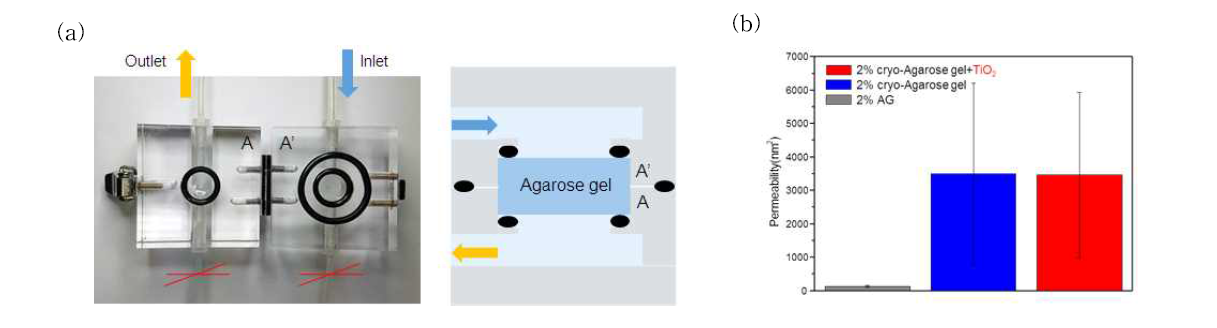 (a) Permeability측정 장비, (b) agarose 과 cryo-agarose gel 그리고 친수성 나노파티클이 분산되어 있는 cryo-agarose gel의 permeability.