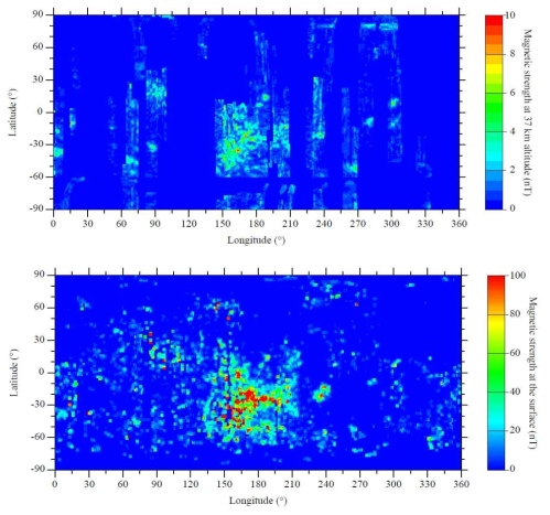 (위) 고도 37 km에서 얻어진 Lunar Prospector Magnetometer data를 이용한 달 자기장 지도와 (아래) Lunar Prospector Electron Reflectometer로 얻 어진 data를 이용한 달 표면 자기장 지도