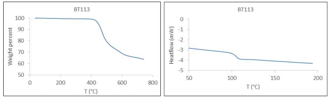 BT113의 열중량분석(왼쪽)과 시차주사열량분석(오른쪽)