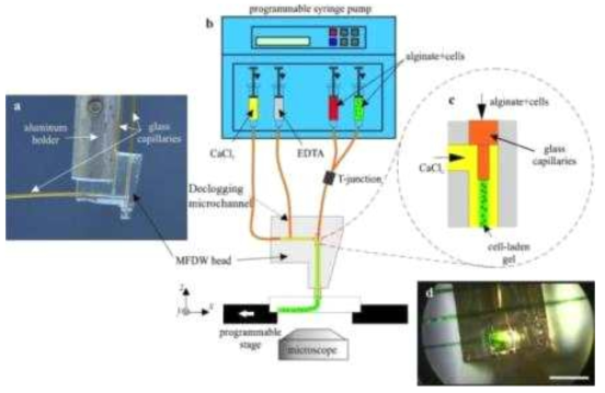 Microfluidic direct writer의 개념도 및 주요 부품 사진.