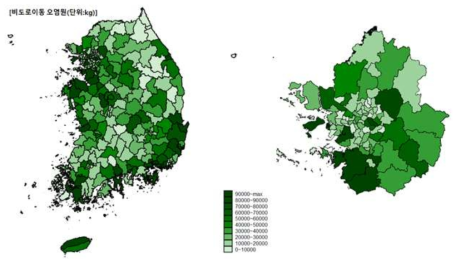 시군구 지역의 오염원 별 배출량 분포 (2012년 배출량 정보)