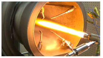 Snapshot of the steady-state operation of hypergolic thruster using 95% HTP oxidizer.