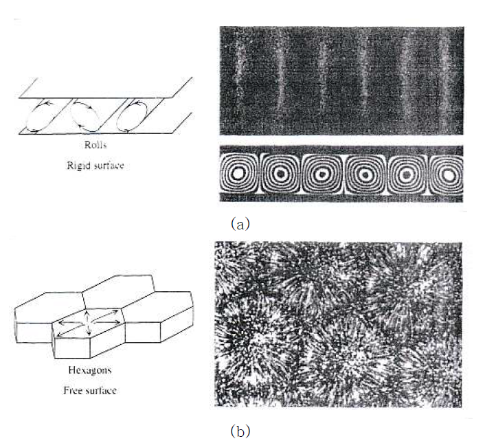 Rolls and hexagonal cells in fluid layer heated from below.