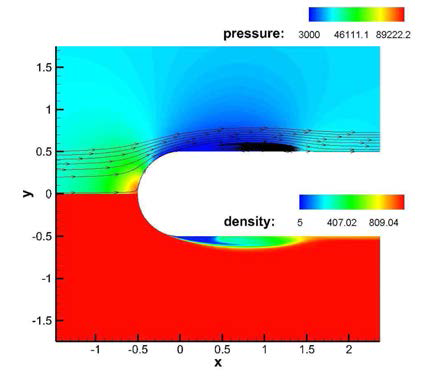 Cavitation around hemisphere:FCM 압력, 밀도 분포