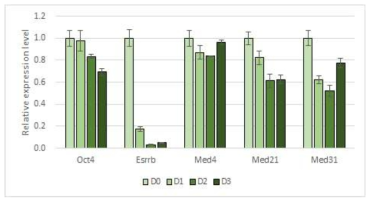 배아줄기세포 초기 EB 분화 중 Mediator middle module의 RNA 발현 분석 질량 분석 결과 Esrrb와 높은 Sequence coverage로 결합 할 것이라 여겨지는 Mediator middle module의 subunit인 Med4, Med21, Med31의 RNA 발현을 분석함.