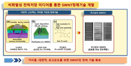 저비용, 대면적화를 위한 비휘발성 전하저장 미디어를 통한 SWNt 정제 기술 개발 방향.