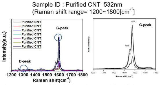 532 nm laser를 활용한 정제된 CNT의 raman 데이터 분석결과