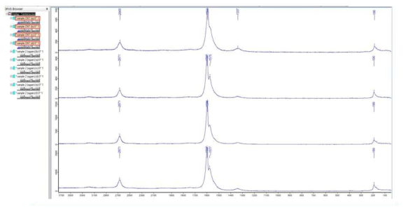 532 nm laser를 활용한 정제된 CNT의 Raman 데이터 기반의 KH 케미컬에서 최적화한 CNT에 대한 초기 순도 분석 결과.