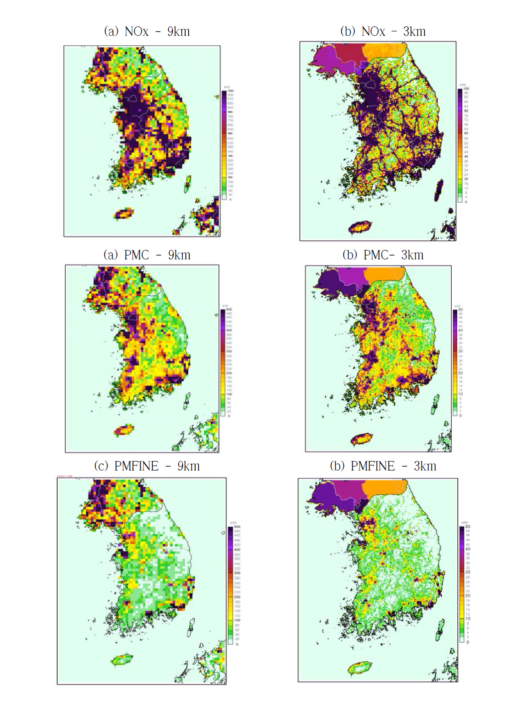 수평해상도에 따른 남한지역 배출량 공간분포 비교