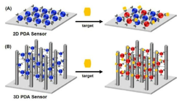 2D 및 3D 폴리다이아세틸렌 (PDA) 센서 시스템의 비교.