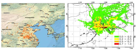 MODIS 영상 (6월 1일- 30일) (왼쪽 그림) 및 PM2.5 PSCF 결과 (오른쪽 그림)