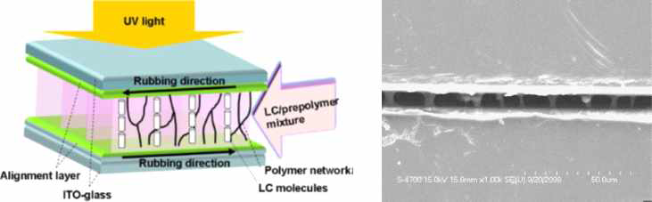 광경화성 고분자를 이용한 액정 셀 제작 방법 및 구조.