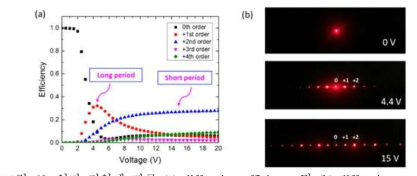 인가 전압에 따른 (a) diffraction efficiency 및 (b) diffraction pattern.