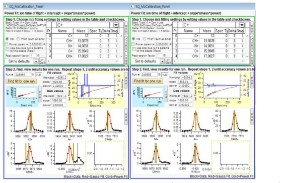 m/z calibration of HR-ToF-AMS data by Squirrel (left side: before, right side: after)