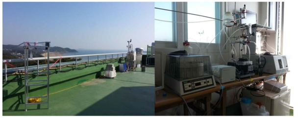 The fog sampling site in climate change monitoring site at Anmyeon-do (left: Fog collector and fog sensor on the roof top, right: H2O2 analyzer and fraction collector)