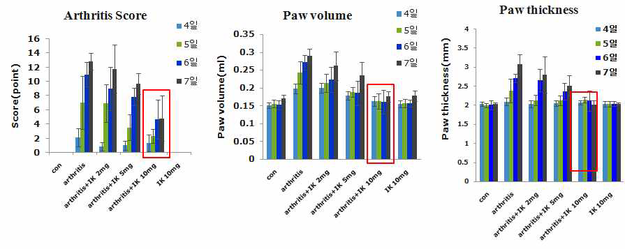관절염 동물모델에서 IK의 부종 억제 효능