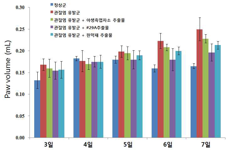 관절염 동물모델에서 추출물 경구 투여 후 부종 부피 변화