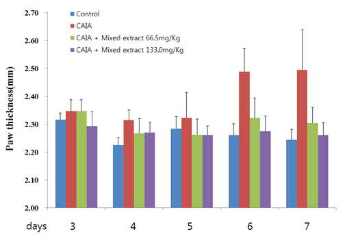 관절염 동물모델에서 초임계 복합 추출물이 부종 두께에 미치는 영향