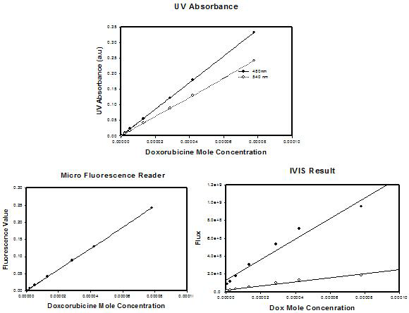 독소루비신 농도에 따른 UV absorbance, Micro Fluorescence Reader, IVIS 형광세기의 상관성