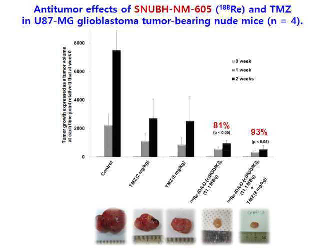 U87MG 종양 동물에서 Re-188-SNUBH-NM-605 과 TMZ Combination 치료 시 종양 성장저해 효과