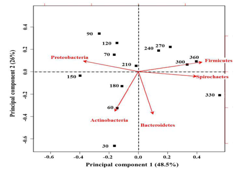 시험 가축 매몰 후 시간 경과에 따른 unit-1에 대한 미생물 군집의 변화를 알수 있는 principal component analysis(PCA).