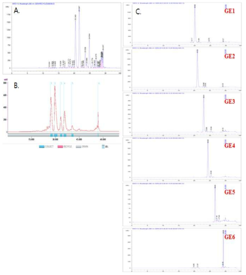 Separation of GE1 to GE6 from Genistein irradiated in ethanol (A and B) using analytical and preparative HPLC modes, and the confirmation of each isolated GE components using analytical gradient HPLC mode (C).