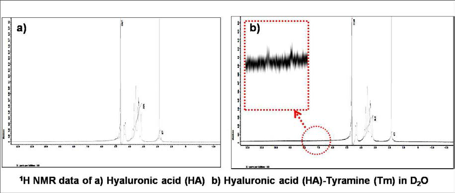 1H NMR data, a) Hyaluronic acid (HA), b) Hyaluronic acid-tyramine in D2O