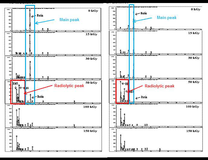 HPLC Chromatogram of irradiated Rutin (3 mg/mL) solubilized in ethanol and methanol