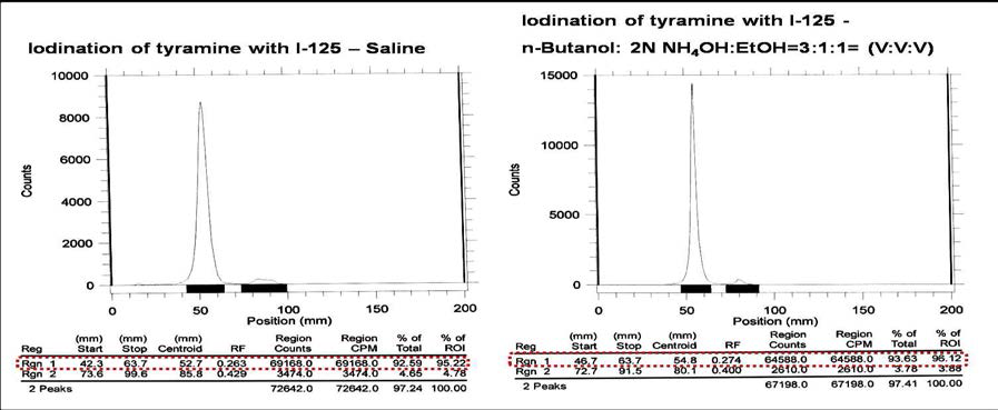 Tyramine의 I-125 표지 ITLC 분석, (a) free I-125, (b) I-125 표지 tyramine