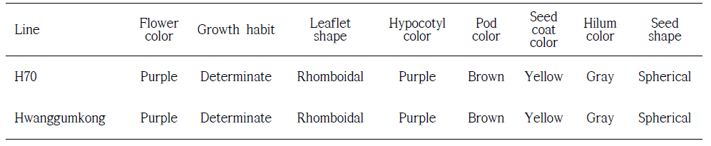 Inherent characteristics of H70 and cv. Hwanggumkong.