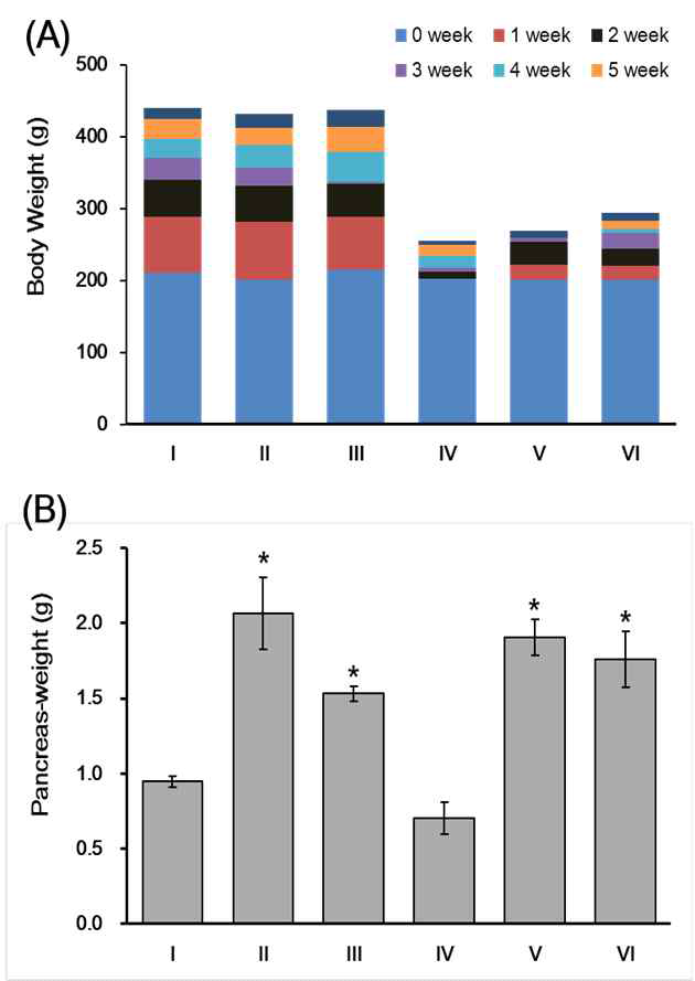 Changes in body-weights (A) and pancreas-weight (B).