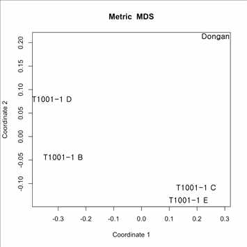 MDS plot of Dongan and T1001-1 mutants based on whole genome resequencing results.