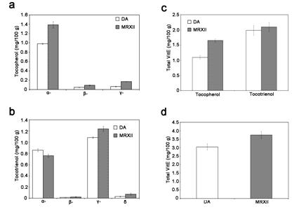 The accumulation of total tocochromanol and individual tocochromanols in seeds of DA (control) and MRXII.
