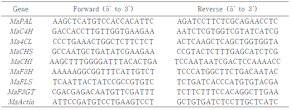Primers of phenylpropanoid biosynthetic genes used for real-time PCR