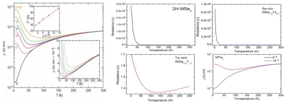 (Left) Large, non-saturating MR in WTe2 [nature 2015] (Right) Temperature and field dependent resistance in WSe2-xTex single crystals.