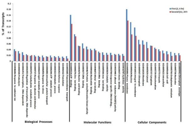 The Gene Ontology (GO) classifications for >2 fold regulated transcripts with respect to biological process (BP, molecular function (MF), and cellular components (CC).