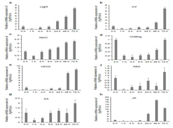 Relative quantities of PgPR10-4 mRNA at various time points (h) post- treatment with various stresses to the 3-week-old ginseng seedlings