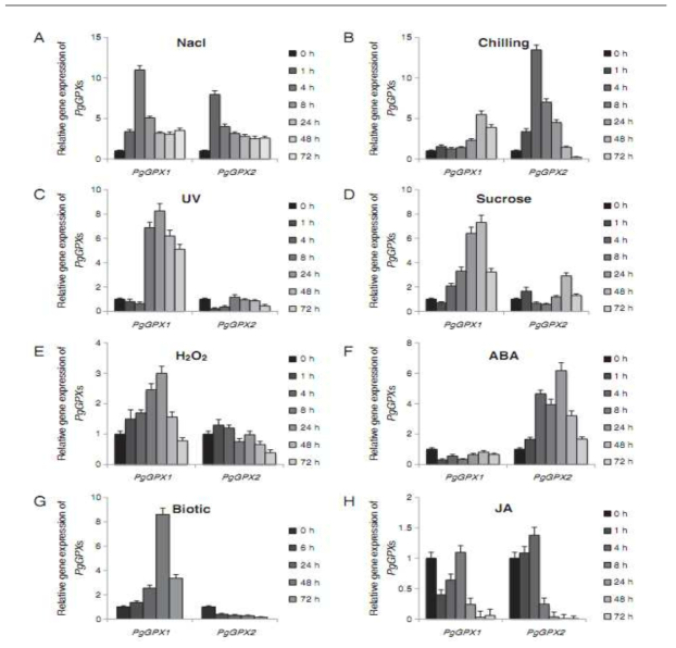 Relative quantities of PgGPX1 and PgGPX2 mRNA at various time points (h) post-treatment with various stresses