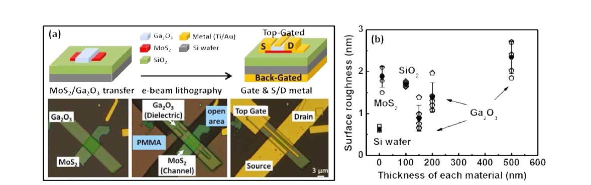 (a) Schematic process flow of MoS2 (10 nm) / Ga2O3 (500 nm) and MoS2 (10 nm) / SiO2 (100 nm) FETs. Starting with thermally grown SiO2 on a highly-doped n-type Si wafer, MoS2 semiconductor flakes were mechanical exfoliated and transferred followed by the Ga2O3 transfer onto the SiO2 substrate. Electrodes such as the source, drain, and top gate were defined by e-beam lithography followed by a lift-off process. (b) Surface roughness of Ga2O3, SiO2, MoS2, and Si wafer in the stack depending on various thicknesses for comparison.
