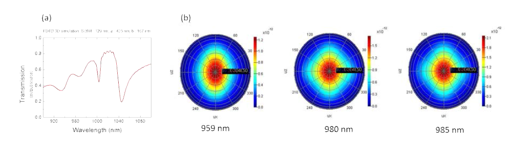 광 추출 효율 최적구조에서의 (a) 광 추출 효율과 (b) 몇 몇 발광파장에서의 farfield 모양