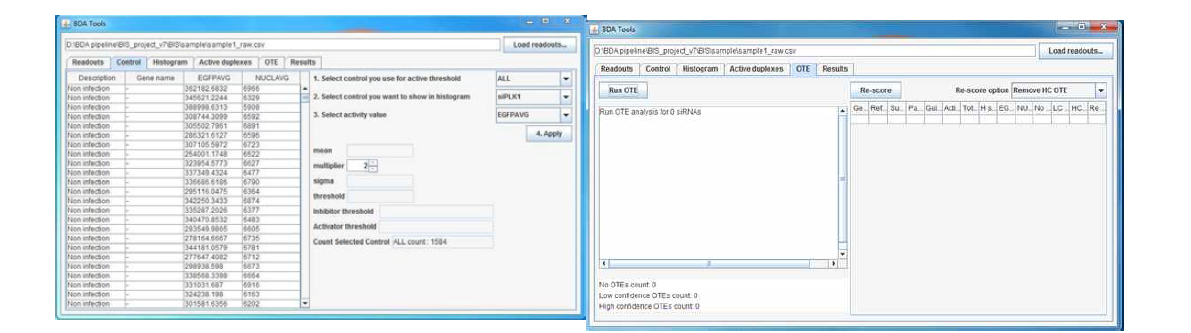 개선된 BDA Tools 소프트웨어. (좌) 원하는 대조군 선택 기능, 활성 범위 지정기능이 추가되어 실험 요건에 따라 응용 확장이 가능해짐. (우) Off-Target Effect Filtering 계량화 기능을 추가하여, 사용자가 지정한 범위에 속하는 활성 유전자들을 분류하여 활용하도록 함.