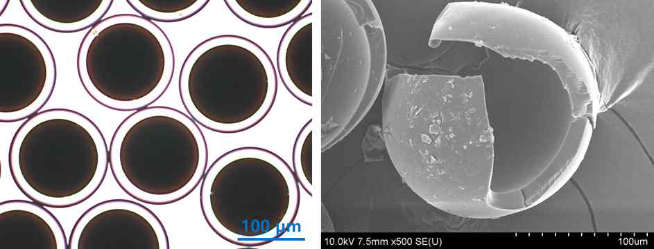 반대방향 흐름 기반의 미세유체소자로 제조한 콜로이드 입자를 담지한 이중 액적(왼)과 캡슐 막의 두께를 보여주는 SEM 사진(오)