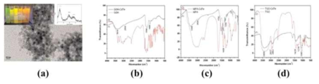 (a)GSH로 표면개질화 된 양자점의 TEM 이미지, (b) GSH,(c) MPA, (d) TGO로 표면개질화 된 양자점의 FT-IR 스펙트라