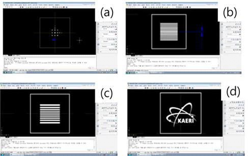Design for the screen printing patterns, (a) flame, (b) patterns (700 ~ 400 um), (c) patterns (400 ~ 100 um), (d) symbol mark of KAERI.